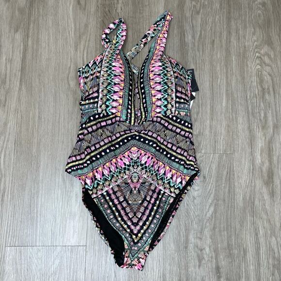 Bar III Women's Neon Tribal Plunging Neckline Tie Back One-Piece Swimsuit sz XS - Picture 2 of 3